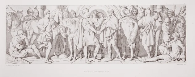 Harold e Duke William se encontram, de "A História da Conquista Normanda", gravada por L. Gruner, 1866