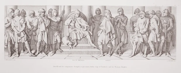 Harold e seus companheiros trouxeram, como prisioneiros, diante de Guy de Ponthieu e seus cavaleiros normandos, de "A História da Conquista Normanda", gravada por L. Gruner, 1866