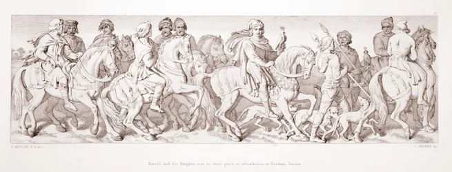 Harold e seus cavaleiros vão para o seu local de embarque, em Bosham, Sussex, de "A História da Conquista Normanda", gravada por L. Gruner, 1866