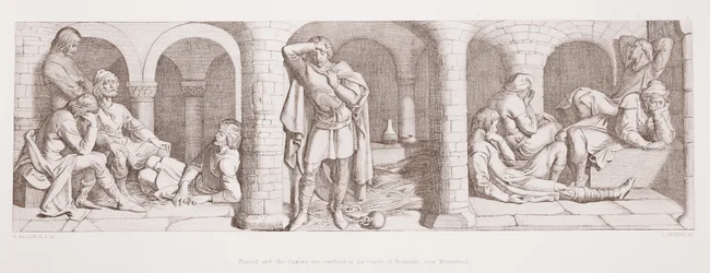 Harold e os saxões estão confinados no Castelo de Beaurain, perto de Montreuil, de "A História da Conquista Normanda", gravada por L. Gruner, 1866