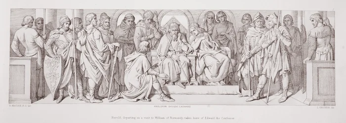 Harold, partindo em uma visita a Guilherme da Normandia, despede-se de Eduardo, o Confessor, de "A História da Conquista Normanda", gravada por L. Gruner, 1866