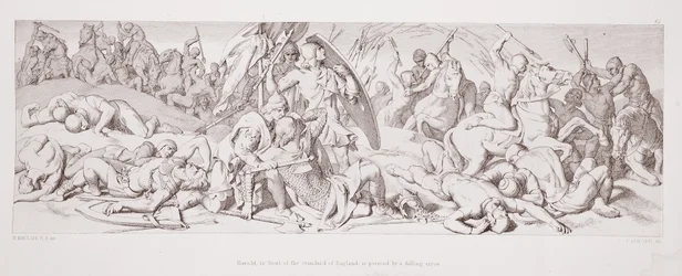 Harold, em frente ao Standard da Inglaterra, é perfurado por uma flecha caindo, de "A História da Conquista Normanda", gravada por L. Gruner, 1866