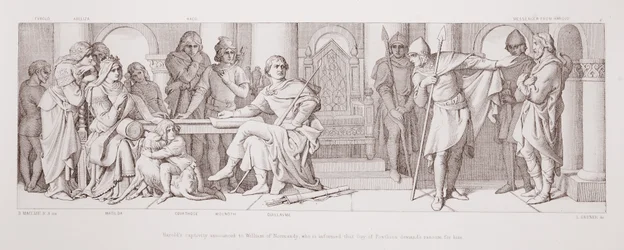 O cativeiro de Haroldo anunciado a Guilherme da Normandia, que é informado de que Guy de Ponthieu exige resgate por ele, de "A História da Conquista Normanda", gravada por L. Gruner, 1866.