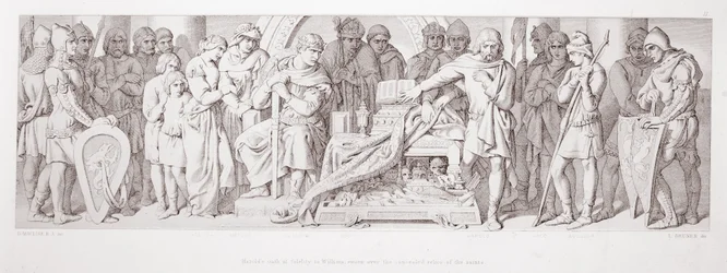 O juramento de fidelidade de Haroldo a Guilherme, jurado sobre as relíquias ocultas dos santos, de "A História da Conquista Normanda", gravada por L. Gruner, 1866