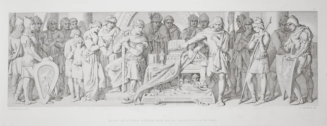 O juramento de fidelidade de Haroldo a Guilherme, jurado sobre as relíquias ocultas dos santos, de "A História da Conquista Normanda", gravado por L. Gruner, 1866 88: Harold II (c.1022-66), coroado em 1