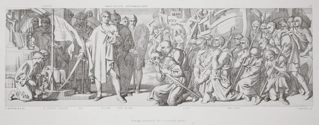Homenagem prestada à bandeira consagrada, de "A História da Conquista Normanda", gravada por L. Gruner, 1866