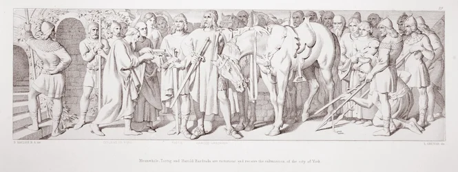 Enquanto isso, Tostig e Harold Hardrada são vitoriosos e recebem a apresentação da cidade de York, de "A História da Conquista Normanda", gravada por L. Gruner, 1866
