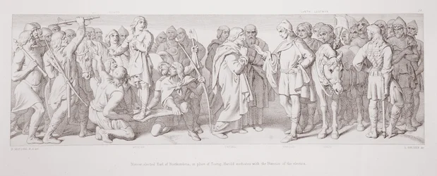 Morcar, eleito conde de Northumbria, no lugar de Tostig, Harold media com os nuncois da eleição, de "A história da conquista normanda", gravada por L. Gruner, 1866