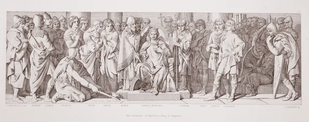 A coroação de Harold como rei da Inglaterra, de "A história da conquista normanda", gravada por L. Gruner, 1866