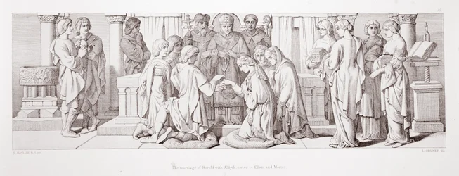O casamento de Harold com Aldyth, irmã de Edwin e Morcar, de "A História da Conquista Normanda", gravada por L. Gruner, 1866