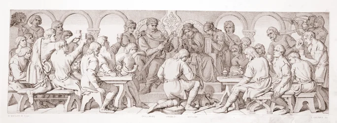 William confere a Harold a dignidade de um cavaleiro normando, de "A história da conquista normanda", gravada por L. Gruner, 1866