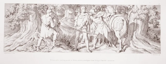 Guilherme, na sua coutada junto de Ruão, recebe de Tostig a notícia da coroação de Haroldo, de «A História da Conquista Normanda», gravado por L. Gruner, 1866