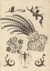 Dois broches com dragão e insectos no topo e seres humanos com caudas semelhantes a serpentes em baixo
