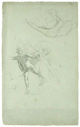 Estudo para o cerco de Gibraltar (Estudo para uma figura em um canhão no Longboat), 1785-1786 (giz preto e branco em papel cinza-azul)