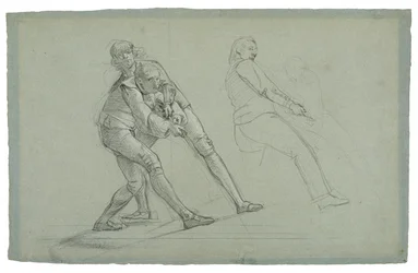 Estudo para o cerco de Gibraltar (estudo de figuras puxando em uma corda), 1785-1786 (giz preto e branco em papel cinza-azul)