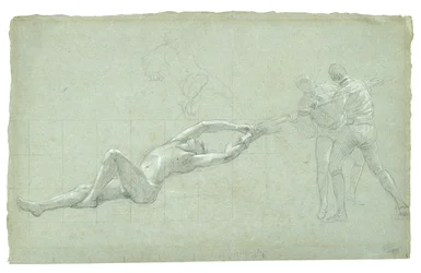 Estudo para o Cerco de Gibraltar (Estudo da Figura Resgatada e Duas Figuras Puxando um Remo), 1785-1786 (giz preto e branco em papel cinza-verde)