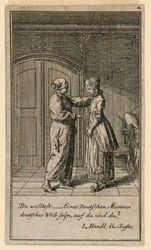 Um pai ou guardião conversando com uma garota, ilustração da peça "Não mais que sachs Schuesseln" de Fredrich Wilhelm Grossman em "Königl: Grosbrit [anian] calendário genealógico para o ano de 1782 Lauenberg por J.G. Berenberg"