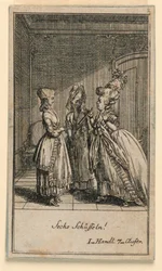 Uma mulher idosa repreendendo uma menina, ilustração da peça "Não mais do que sachs Schuesseln" de Fredrich Wilhelm Grossman em "Königl: Grosbrit [anian] calendário genealógico para o ano de 1782 Lauenberg por J.G. Berenberg"