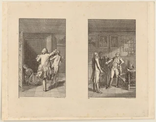 O Barão expulsa Cândido do castelo [à esquerda]; Cândido, Cunigunde e a Velha perante o governador de Buenos Aires [à direita]