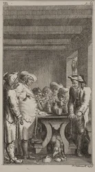 O cachorro de Scheerer lambe a água colorida de um vaso quebrado debaixo da mesa, ao redor do qual 4 fazendeiros estão sentados e 3 estão de pé, fumando e bebendo tabaco. ob.III, p. 61