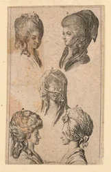 Five Headgears, como Worn by Berlin Women, Ilustração para "Königl: Grosbrit [anian] calendário genealógico para o ano de 1782 Lauenberg por J.G. Berenberg"