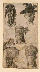Cinco Headgears para Mulheres, Dois Fragmentos de Ilustrações para "Königl: Grosbrit [anian] calendário genealógico para o ano de 1781 Lauenberg por J.G. Berenberg"