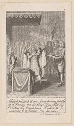 O eleitor Frederico III de Brandemburgo coroa-se a si próprio, estampa 1 da série «História antiga, medieval e moderna»
