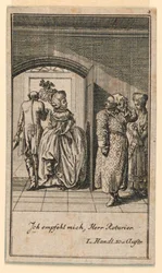 O casal de idosos terminando arrogantemente uma visita, ilustração da peça "Não mais que sachs Schuesseln" de Fredrich Wilhelm Grossman em "Königl: Grosbrit [nische] calendário genealógico no ano de 1782 Lauenberg por J.G. Berenberg"