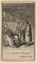 A mulher idosa contrata um homem, ilustração da peça "Não mais que sachs Schuesseln" de Fredrich Wilhelm Grossman em "Königl: Grosbrit [anian] calendário genealógico para o ano de 1782 Lauenberg por J.G. Berenberg"
