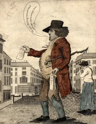 Vendedor de baladas, início do século XIX (gravura colorida à mão)