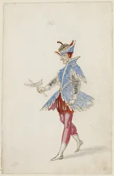 Figura masculina em um traje azul e vermelho do ballet des quatre saisons de lAnne, 1626 (tinta marrom, wc e pintura metálica sobre um underdrawing de giz preto sobre papel)
