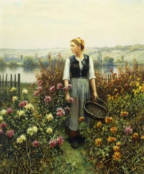 Menina com uma cesta em um jardim,