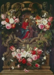 Guirlanda floral com Madonna e criança