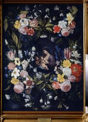 Grinalda Floral com Madonna e Criança. Pintura por Daniel Seghers (1590-1661). Óleo sobre tela, 82 x 64 cm. Arte flamenga, arte barroca. Museu Estatal de Arte, Tula (ou Tolan).