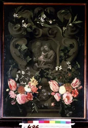 Madonna e criança, Santa Isabel e João Baptista em criança numa guirlanda floral. Pintura por Daniel Seghers (1590-1661). Óleo sobre cobre, 84 x 61 cm
