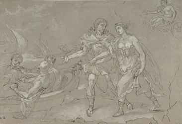 O estupro de Helena, verso: Estudo de uma figura masculina nua ajoelhada, final do século XVII-XVIII.