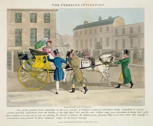 The Pressing Invitation, de &39;Fashionable Bores, ou Coolers in High Life, de Peter Quiz&39;, publicado em 1824 (aquatinta colorido à mão)