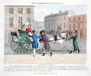 O convite de pressão, ilustração "dos furos elegantes ou dos refrigeradores na vida alta" por Peter Quiz, bar. Thomas McLean, Londres 1824 (gravura colorida à mão)
