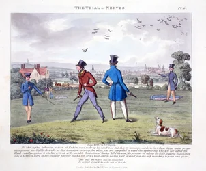 The Trial of Nerves, ilustração de &39;Fashionable Bores or Coolers in High Life&39; por Peter Quiz, pub. Thomas McLean, Londres 1824 (gravura colorida à mão)