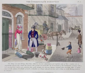 The Unfortunate Discovery, de &39;Fashionable Bores, ou Coolers in High Life, de Peter Quiz&39;, publicado em 1824 (aquatinta colorida à mão)