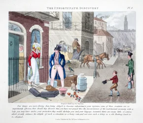 A Descoberta Infeliz, ilustração de &39;Fashionable Bores or Coolers in High Life&39; por Peter Quiz, pub. Thomas McLean, Londres 1824 (gravura colorida à mão)