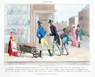 Vis A Vis, ilustração de &39;Fashionable Bores or Coolers in High Life&39; por Peter Quiz, pub. Thomas McLean, Londres 1824 (gravura colorida à mão)