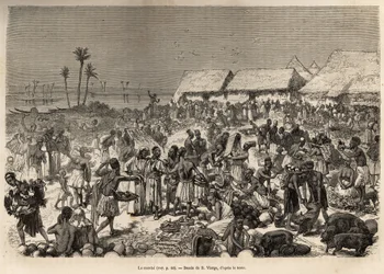 Uma marcha muito animada perto do rio Congo, reunindo mais de três mil pessoas, gravada após um desenho de D.Vierge, ilustrando o último diário de David Livingstone (1813-1873), em 1866-1873, publicado em "Le tour du monde" 1875, editado por Edouar