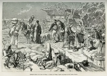Algumas cenas comuns da feira Salone (Croácia), venda de frutas, legumes, aves e cordeiros, assim como mesas preparadas para dessalinização. Gravura após o desenho de Virgem, para ilustrar a viagem à Dalmácia, de Charles Yriarte, em 1874, publicou i