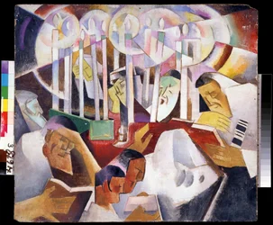Bougies et silhouettes (Velas e silhuetas) - Peinture de Vladimir Davidovich Baranov Rossine (Baranov-Rossine) (Wladimir Daniel Baranoff Rossine) (Baranoff-Rossine) (1888-1944) - Huile sur toile, 68 x 76 cm - Art russe, avant garde - State Open Air Mu