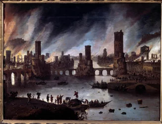 Vista do incêndio da pintura de Tróia por Daniel van Heil (1604-1662) Besancon do século XVII. Musee Des Beaux Arts - Vista da fogueira de Tróia. Pintura de Daniel van Heil (1604-1662)