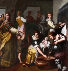 Vida da Virgem: "O Nascimento de Maria" Pintura de Daniele Crespi (1598-1630) Museo della Basilica di Santa Maria Assunta, Gallarate, Itália
