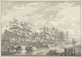 Chegada dos Amsterdammers em Utrecht, 1787 Vista Da Chegada Dos Cidadãos De Amsterdã Em Utregt At De Rooy Brug. Depois de Den Dom para ver. 1787. (título no objeto)