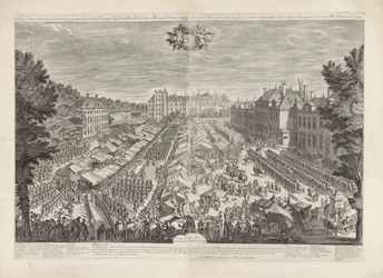 Feira de Haia com o Príncipe e a Princesa de Orange, 1686
Feira de Haia com o signo de cidadania em avanço apresentando a suas Altezas-Rei myn heer de prince e Madame de princesse van Orange / Foire de la Haye, avec les bourgois sous les armes, sa