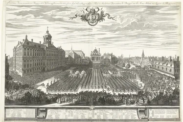 Homens armados na Praça Dam durante a Feira de Amsterdã, 1686 Feira de Amsterdã mostrando o Burgery in the Weapons, sig Apresentando aaen de Groot Agtb: Heeren Burgermeesteren (título no objeto) Foire d